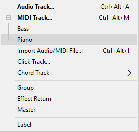 Add Track menu (MIDI track templates expanded)