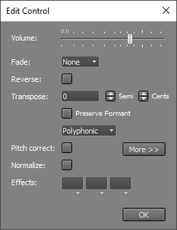 Audio Edit Control window