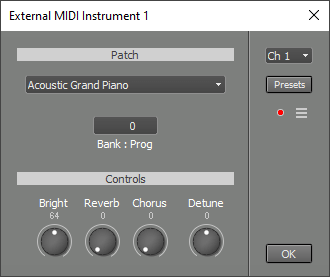 External MIDI Instrument window