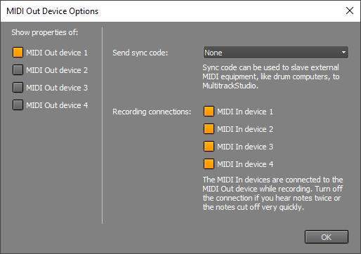 MIDI Out Device Options window (Pro edition)
