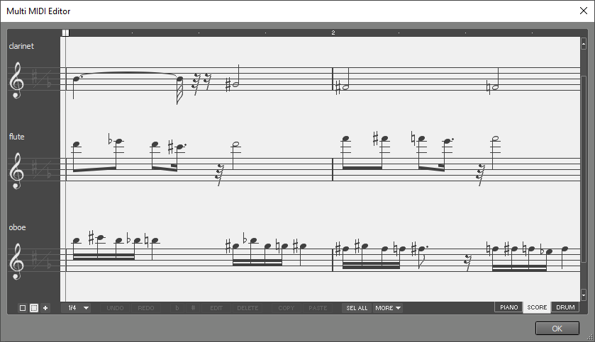 Multi MIDI Editor window, showing 3 tracks in score view