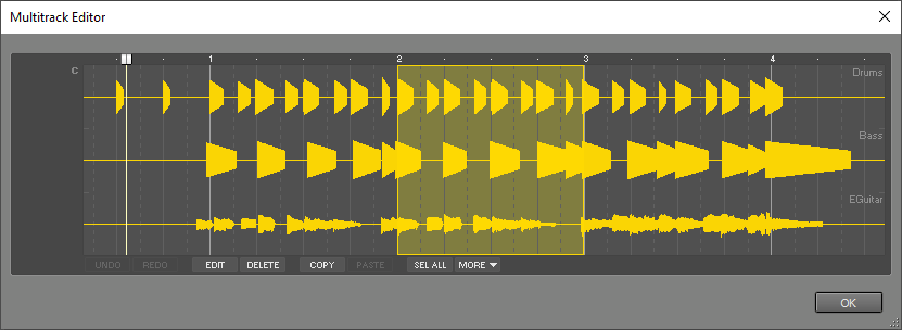 Multitrack Editor window, showing 3 tracks