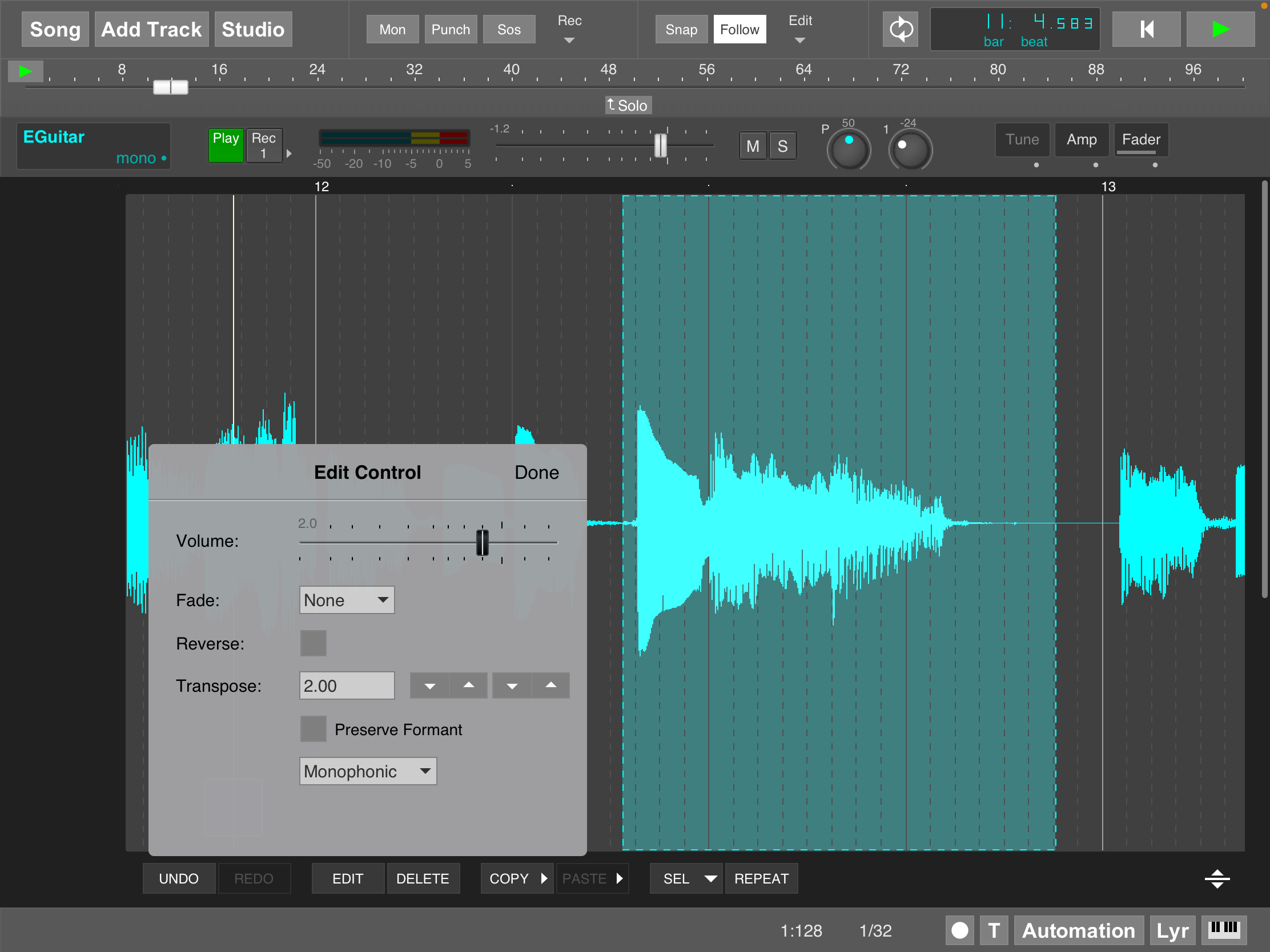 Audio pitch shifting in track editor