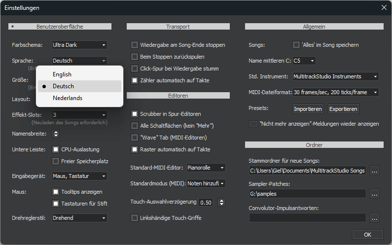Preferences window auf Deutsch