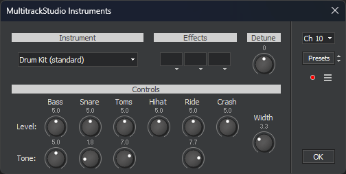 MultitrackStudio Instruments window with Drum Kit instrument