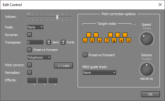 Audio Edit Control, Pitch correction options opened