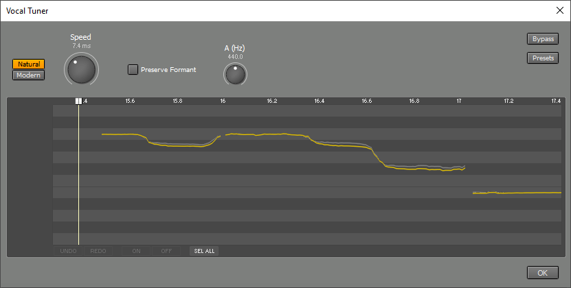 Vocal Tuner window: gray curve is input, blue curve is output pitch